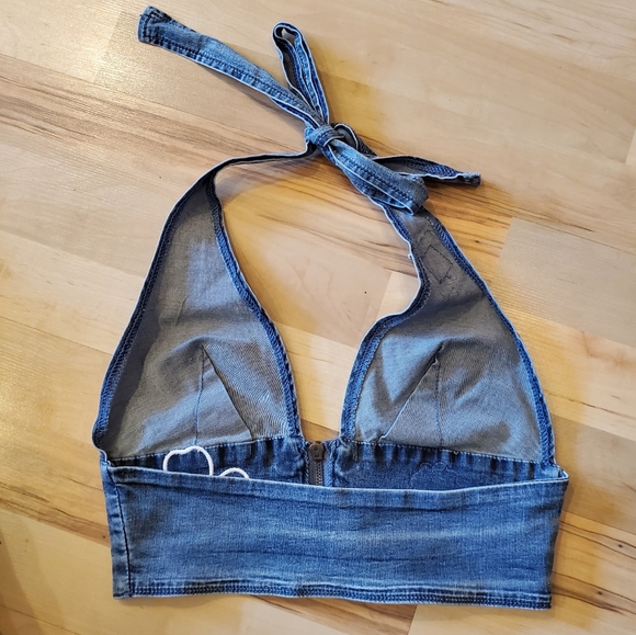 NWT Dolls Kill Current Mood Denim Halter Top with Floral Patches - Picture 4 of 8